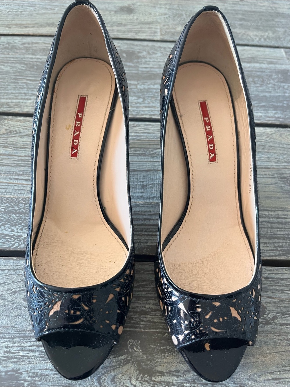PRADA peel-toe heels with lace design, size EU 39.5.